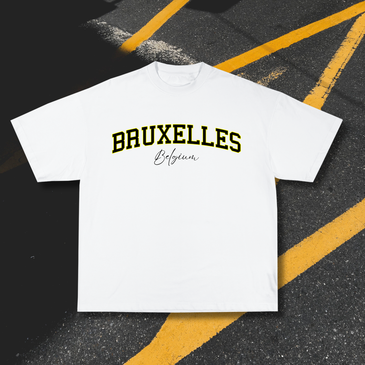 T-shirt Blanc OG Bruxelles Noir & Jaune | Oversize 100% Coton 220g/m²