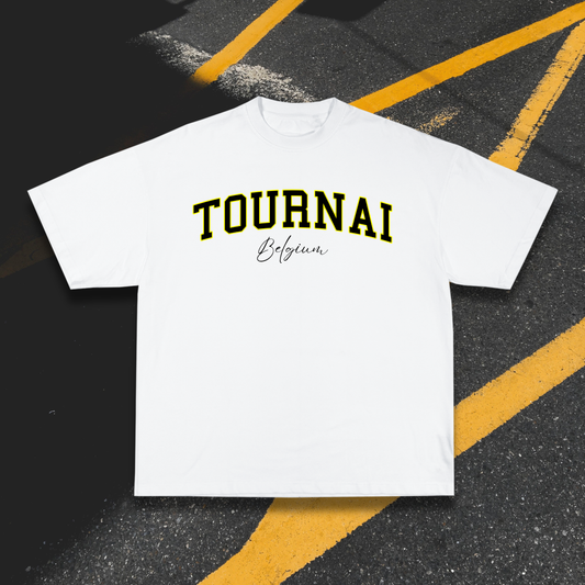 T-shirt Blanc OG Tournai Noir & Jaune | Oversize 100% Coton 220g/m²